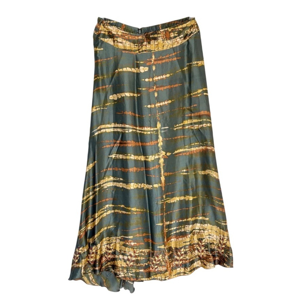 Soft Surroundings Silk Maxi Skirt‎ Olive Green Brown Gold Leaf Embroidery PS
